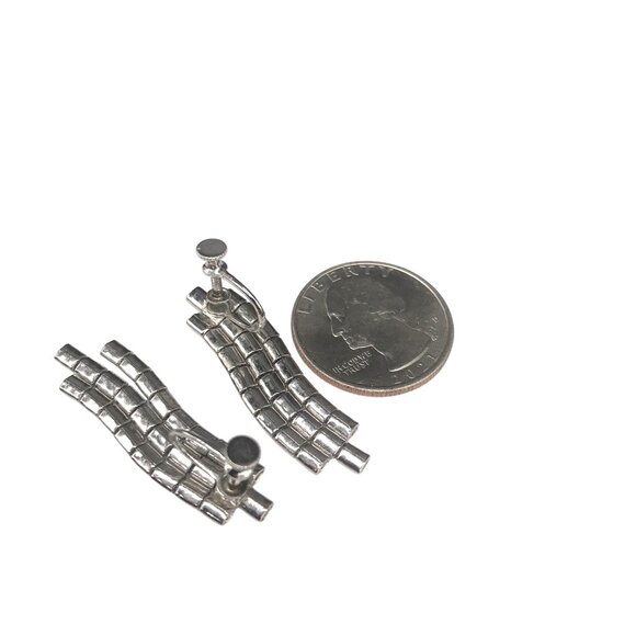 Unique Blocky Silver Tassel Earrings, Screw Back Fringe, Chunky Articulated - Picture 4 of 5